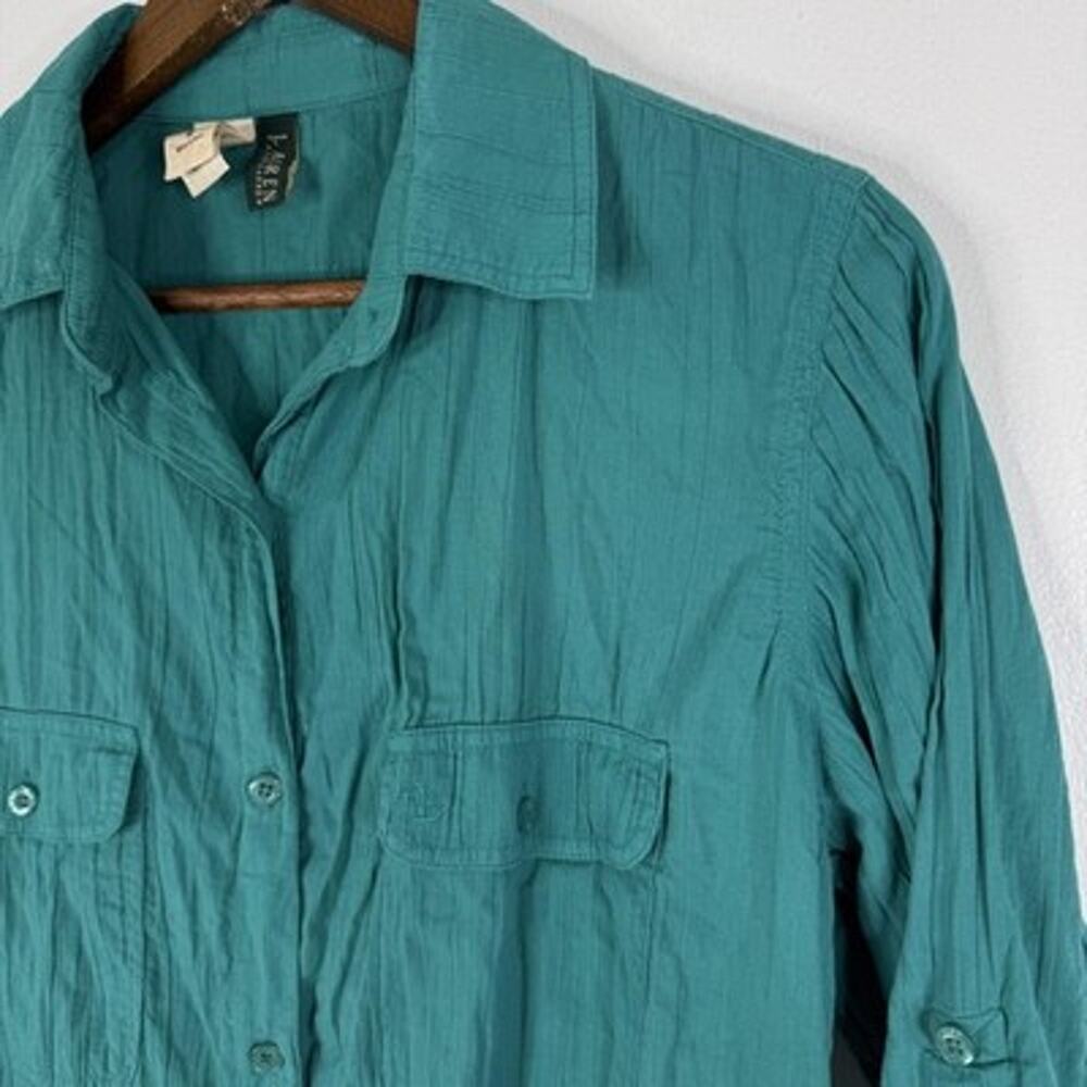 Ralph Lauren Teal Top M Cotton Roll Tab Tunic Green Button Up Shirt Womens